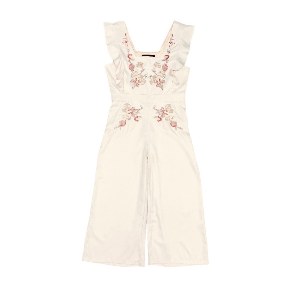 The Vintage‎ Shop Embroidered Floral Jumpsuit Large Tan Wide Leg Ruffle NWT